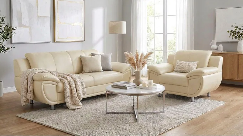TRENDMANUFAKTUR 3-Sitzer Rondo 207 cm, 3-Sitzer, komfortabel, Federkern optional, Chromfüße, wahlweise mit Federkern, pflegeleichte Bezügen, Unser Dauertiefpreis, Beige, – Produktbild 4 von 5