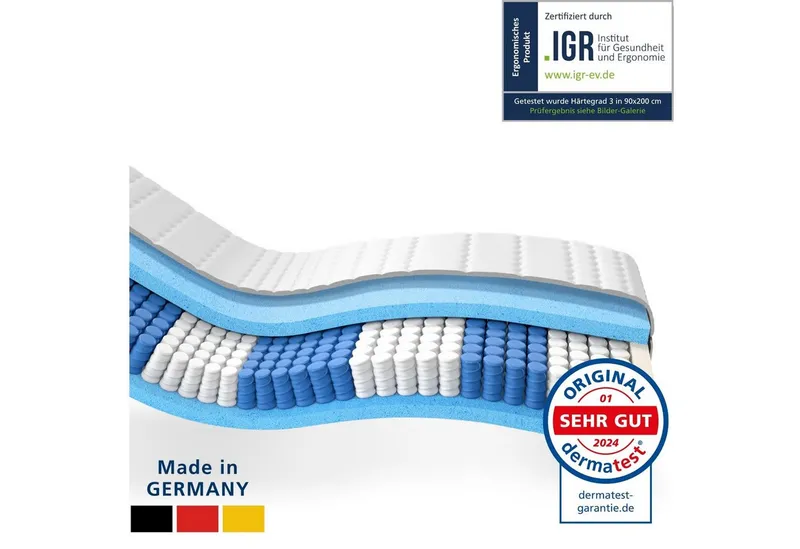 Taschenfederkernmatratze Federkernmatratze, Ergnonomische 7-Zonen Matratze, Tonnentaschenfedern, AM Qualitätsmatratzen, 24 cm hoch, 90x200 cm – Produktbild 6 von 6