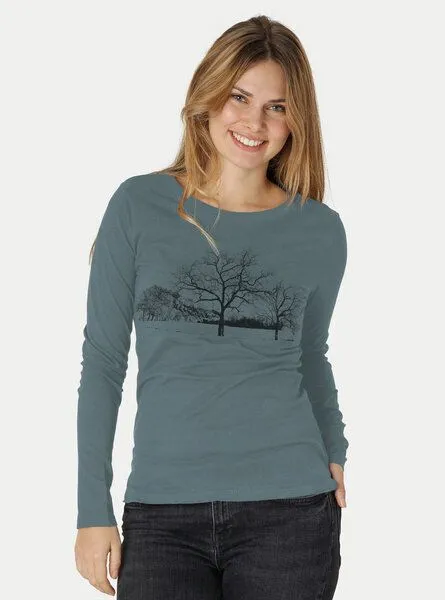 Peaces.bio - handbedruckte Biomode Peaces.bio - handbedruckte Biomode Damen Langarmshirt Landscape, Petrol, – Produktbild 1 von 2
