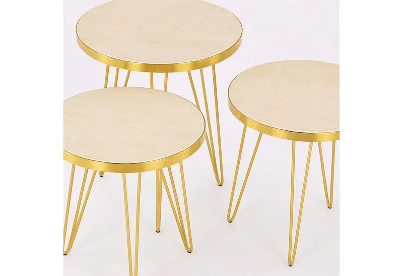 Jungengel Couchtisch Set 4-teilig Travertin Creme Gold Wohnzimmer Beistelltisch Naturstein (4-St., 4-teiliges Tisch-Set), Luxus Couchtisch-Set Travertin Creme mit goldenen Metallbeinen, Goldfarben, – Produktbild 3 von 5