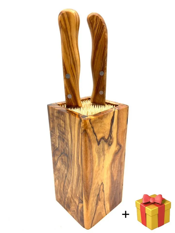 Olivenholz erleben Olivenholz erleben Messerblock DESIGN eckig, aus Olivenholz (1tlg), Flexible Holzspieße für sichere und schonende Messeraufbewahrung, Braun, – Produktbild 1 von 3