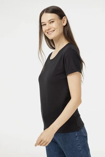Evermind Evermind Damen T-Shirt mit umgeschlagenen Ärmeln, Schwarz, – Produktbild 2 von 4