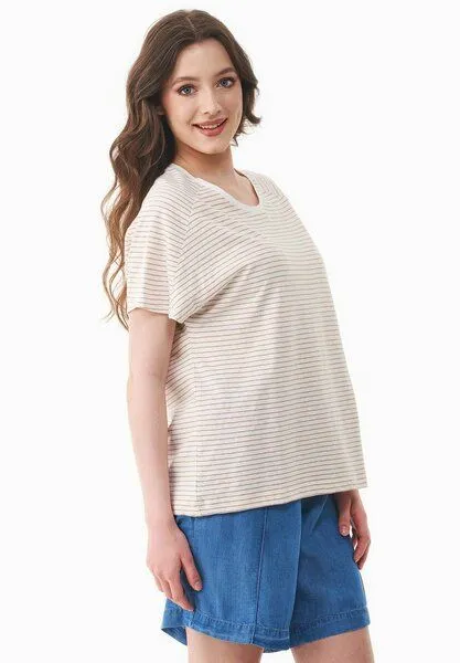 ORGANICATION ORGANICATION Gestreiftes T-Shirt aus Bio-Baumwolle und Leinen, Off white/tan, – Produktbild 3 von 4