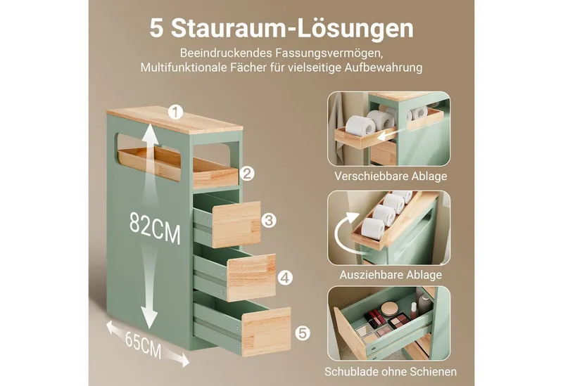 SoBuy Beistellwagen BZR54, Badezimmerschrank mit Rollen, Badschrank schmal, Kommode, Küchenwagen schmal Nischenwagen Badezimmerregal mit Rädern, ausziehbar, Grün, – Produktbild 3 von 5