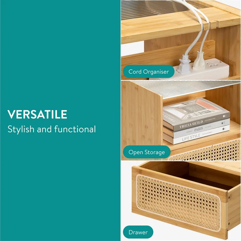 Navaris Nachttisch Navaris Bambus-Nachttisch mit Schublade, Ablage und Glasplatte Braun, Beige, – Produktbild 3 von 5