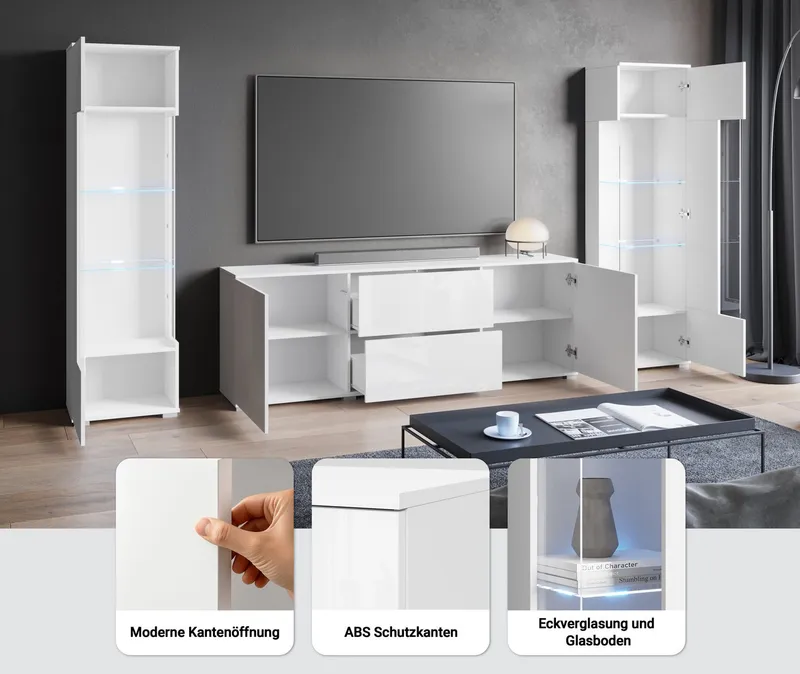 OTTO home Wohnwand KENIA, (Komplett-Set, 3-St), Vitrinen mit Eckverglasung, hängend und stehend montierbar, Grau, – Produktbild 1 von 5