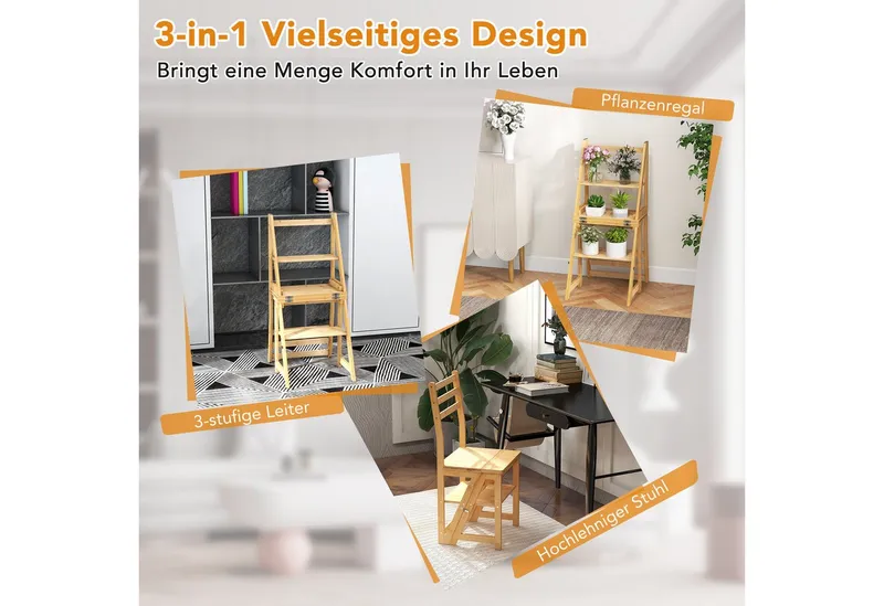 COSTWAY COSTWAY Trittleiter, 3 in 1, Klappstuhl, 3-Stufen, Bambus, 150kg, Beige, – Produktbild 5 von 5