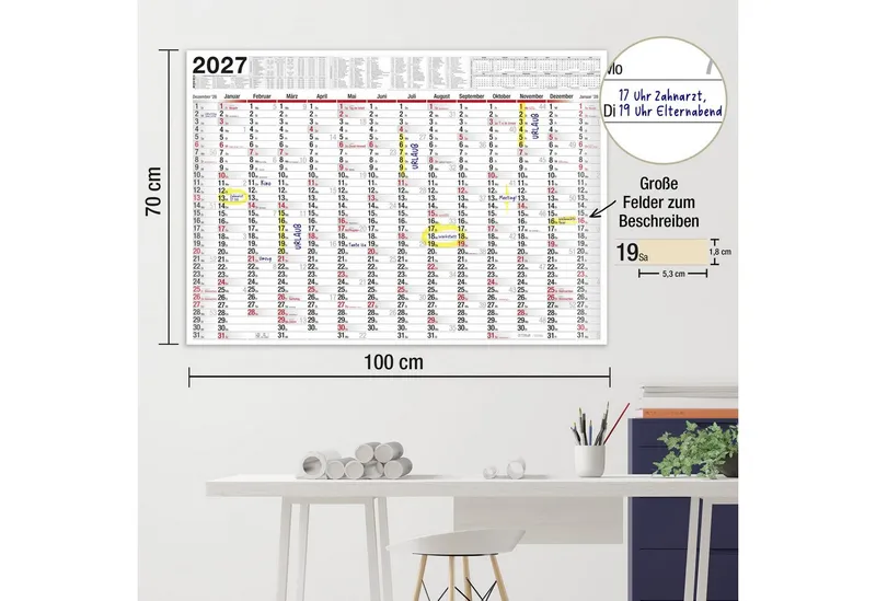 TOBJA Wandkalender Wandkalender 2027 XXL B1 Gefalzt 70x100 cm Jahresplaner, 14 Monate, Ferien DE/AT, KW, FSC, gefalzt, Weiß, – Produktbild 4 von 5