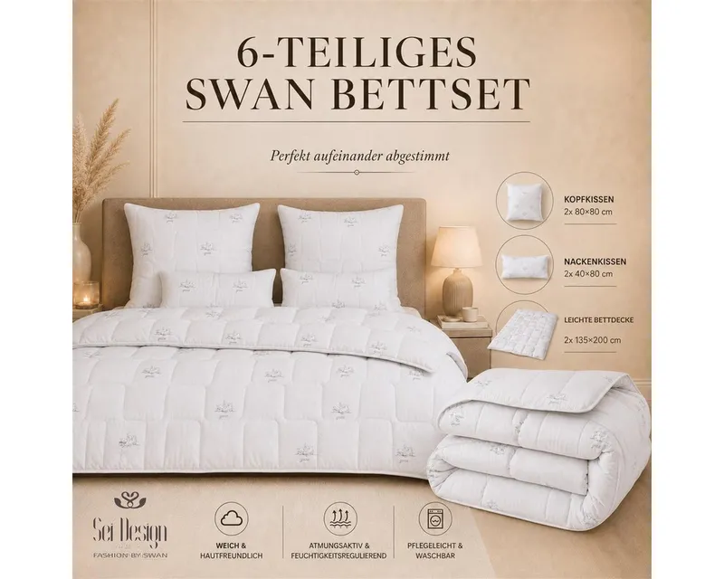 SEI Design Microfaserbettdecke Bettset SWAN 6-tlg Sommerdecke 2x 135x200 + Kissen 2x 80x80+ 2x 40x80, Füllung: daunenähnliches Gefühl, 80x80, Weiß, – Produktbild 2 von 5