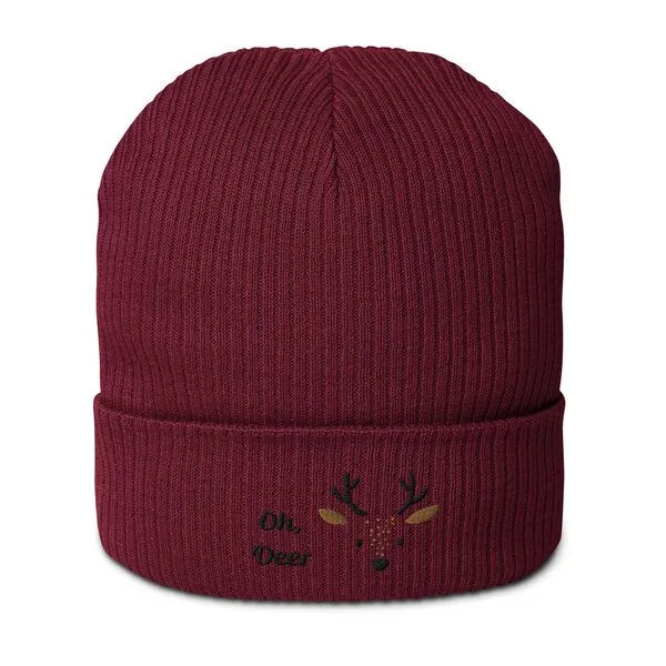 PepMelon PepMelon Niedliche gestickte Hirsch-Mütze aus Bio-Rippstrick, Burgundy (rot), – Produktbild 1 von 5
