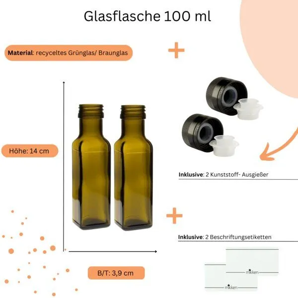 mikken mikken 2er Set Ölflaschen 100 ml - 1000 ml mit Ausgießer braune / grüne Glasflasche mit Dosierer Dosierflasche inkl. 2 Etiketten – Produktbild 2 von 3
