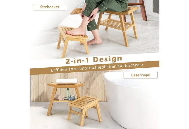 COSTWAY COSTWAY Duschhocker, belastbar bis 150 kg, mit Fußhocker, Fach, Bambus, Beige, – Produktbild 2 von 5