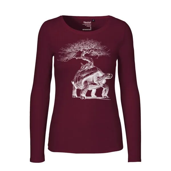 HANDGEDRUCKT HANDGEDRUCKT "Lange Reise" Frauen Longsleeve aus reiner Biobaumwolle (kbA), Bordeaux, – Produktbild 1 von 3