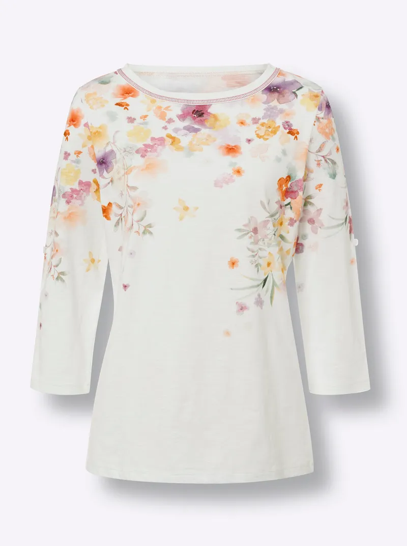 heine 3/4-Arm-Shirt ecru-orange-bedruckt, Ecru-orange-bedruckt, – Produktbild 1 von 2