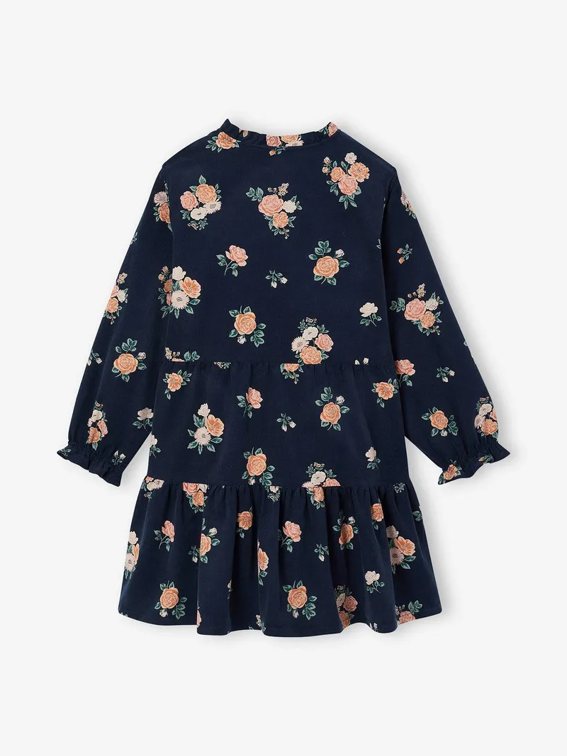 Vertbaudet Kleid mit Stehkragen aus Feincord Mädchen blumen, Nachtblau blumen, – Produktbild 2 von 3
