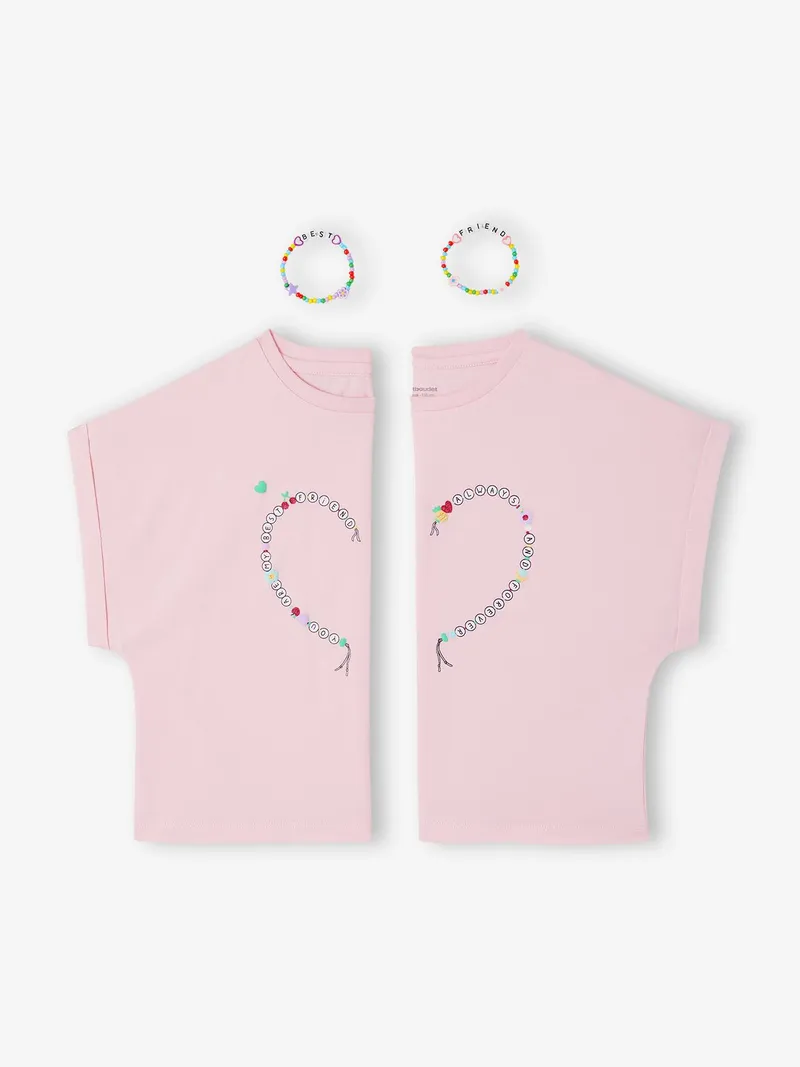 Vertbaudet Set BEST FRIENDS: 2 T-Shirts & 2 Freundschaftsarmbänder, Lila, – Produktbild 1 von 4