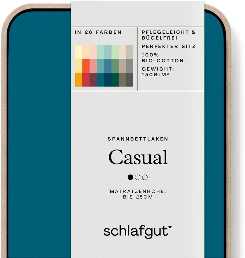 Schlafgut Schlafgut Spannbettlaken CASUAL Bettlaken 100% gekämmte Bio-Baumwolle, 150 g/m², Spannbetttuch, Jersey, Gummizug: rundum, (1 Stück), Bettlaken bis 25 cm Höhe, langlebig, weich, Antipilling-Ausrüstung, Blau, – Produktbild 3 von 5