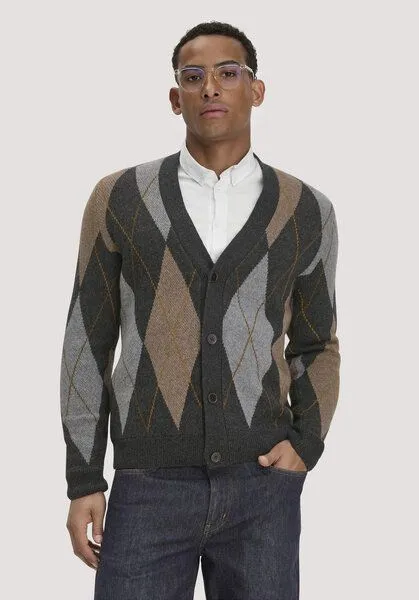 hessnatur hessnatur Argyle Strick Cardigan Regular aus Schurwolle und Bio-Baumwolle, Anthrazit, – Produktbild 1 von 4