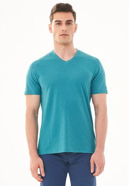 ORGANICATION ORGANICATION Basic T-Shirt aus Bio-Baumwolle mit V-Ausschnitt, Petrol green, – Produktbild 1 von 4