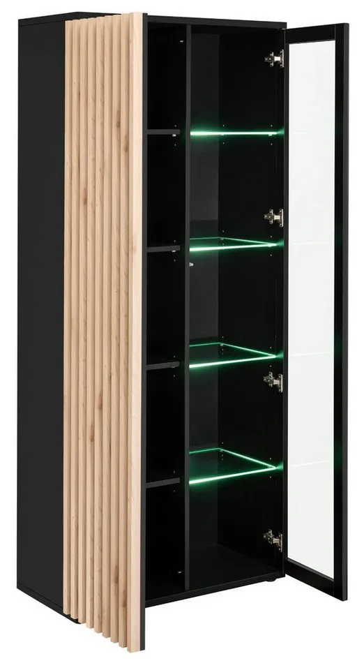 Furn.Design Stauraumvitrine Morgan (Vitrinenschrank Schwarz mit Eiche Lamellen, 80 x 192 cm, 10 Fächer) mit Push-to-Open, inklusive LED Beleuchtung, Schwarz, – Produktbild 5 von 5