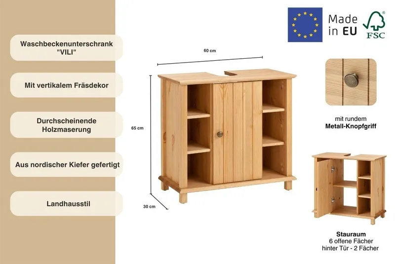 Home affaire Waschbeckenunterschrank Vili Badezimmerschrank im Landhaus-Look, mit 6 Fächern, aus Massivholz, Beige, – Produktbild 4 von 4