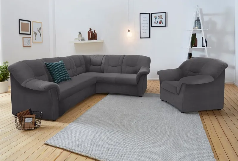 DOMO collection Ecksofa SARAFINA 240x190 cm, auch mit Federkern für mehr Sitzkomfort!, whlw. mit Bettfunktion, elegantes Design, L-Form, Grau, – Produktbild 4 von 8