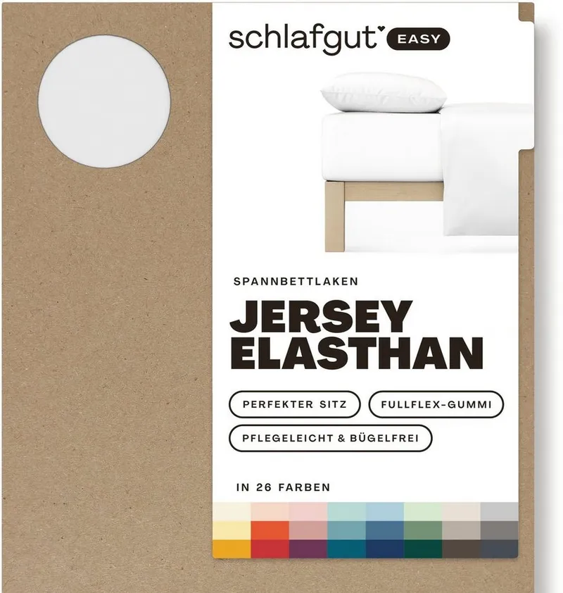 Schlafgut Schlafgut Spannbettlaken EASY JERSEY ELASTHAN Bettlaken, 170 g/m², 95% Baumwolle, 5% Elasthan, Jersey, Gummizug: rundum, (1 Stück), Spannbettlaken bis 30 cm Höhe, bügelfrei, pflegeleicht, perfekter Sitz, Weiß, – Produktbild 3 von 5