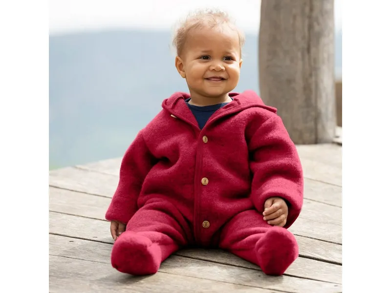 Engel Naturkleidung Overall (1-tlg) Baby Fleece Overall mit Kapuze aus Bio Merinoschurwolle, Rot, – Produktbild 2 von 3