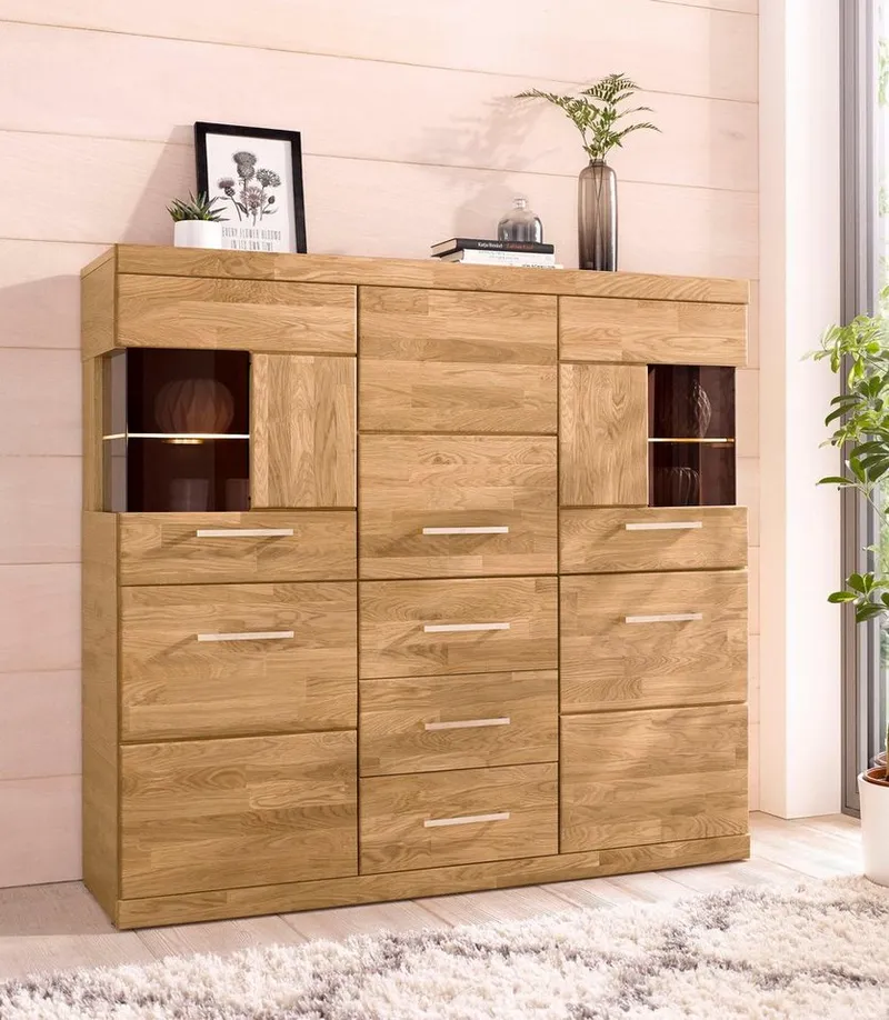 OTTO home Highboard Ribe,125cm breit,115cm hoch, Fronten Massivholz,5Türen,3 Schubladen, Holz massiv, Holzwerkstoff, Metall Griffe,10Fächer, Böden versetzbar, Braun, – Produktbild 4 von 8