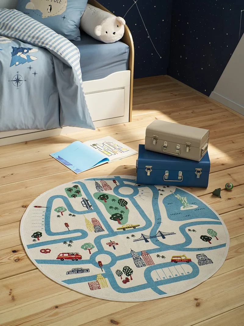Vertbaudet Runder Spielteppich mit Straßenmotiv CITY LIFE, Wollweiß, – Produktbild 1 von 3