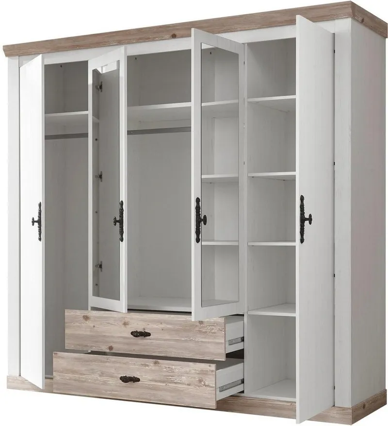 Home affaire Drehtürenschrank Florenz Landhausschrank,rustikale Metallgriffe mit feinen Verzierungen Kleiderschrank mit Spiegel Schlafzimmerschrank BESTSELLER Garderobe, Weiß, – Produktbild 5 von 8