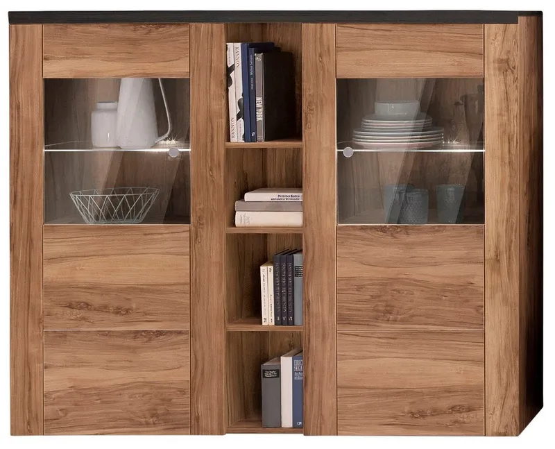 OTTO home Highboard Larona, zeitlose Hochkommode mit 2 Türen, Türkommode, Höhe 129,5 cm, Anrichte mit dekorative Rahmenoptik, Türen mit Glaseinsatz, Braun, – Produktbild 6 von 8