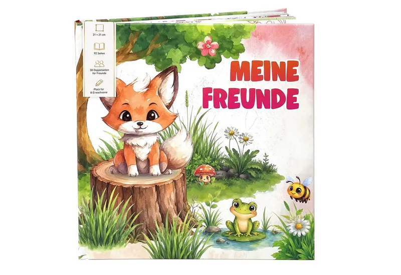 TOBJA Poesiealbum Freundebuch Grundschule Waldtiere 21x21 cm - 30 Freunde, 8 Erwachsene, Waldtier-Motiv, 92 Seiten, 30 Doppelseiten, FSC®-Papier – Produktbild 1 von 5