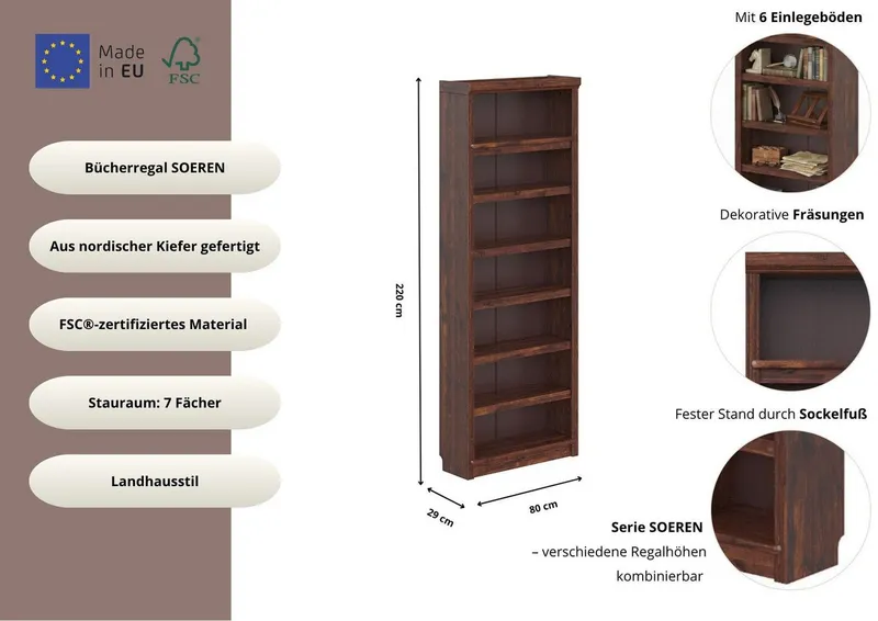 OTTO home Bücherregal Soeren Regal B/T/H: 80/29/220 cm, 7 offene Fächer, massive Kiefer, FSC®-zertifiziert, Braun, – Produktbild 3 von 4