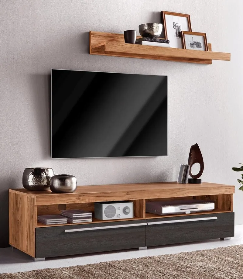 OTTO home Lowboard Roger,Breite 140 cm, stilvolle TV-Kommode, inclusive Wandboard, TV-Schrank mit viel Stauraum, TV-Board, 2 Klappen, Braun, – Produktbild 4 von 5