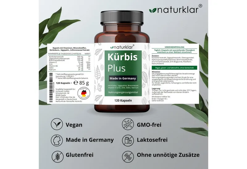 Naturklar Sägepalmenextrakt & Kürbiskernextrakt - 8 Fach Kombi Kapseln, mit Brennnesselextrakt, Vitamin E, Zink, Selen & Natrium à 85 g, mit Brennnesselextrakt, Vitamin E, Zink, Selen & Natrium – Produktbild 5 von 5