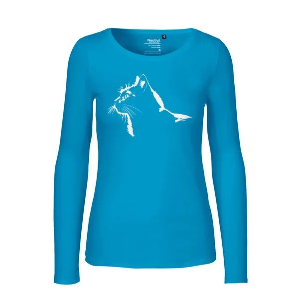 HANDGEDRUCKT HANDGEDRUCKT "Stubentiger" Frauen Longsleeve aus reiner Biobaumwolle (kbA), Saphire, – Produktbild 1 von 3