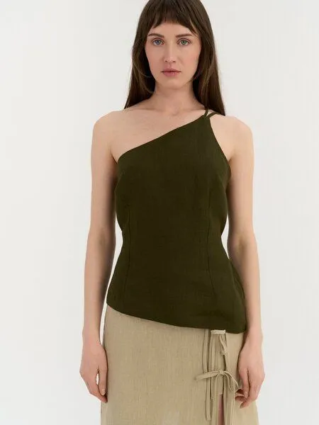 AmourLinen AmourLinen One-Shoulder-Top aus Leinen NINA, Deep olive (grün), – Produktbild 2 von 3
