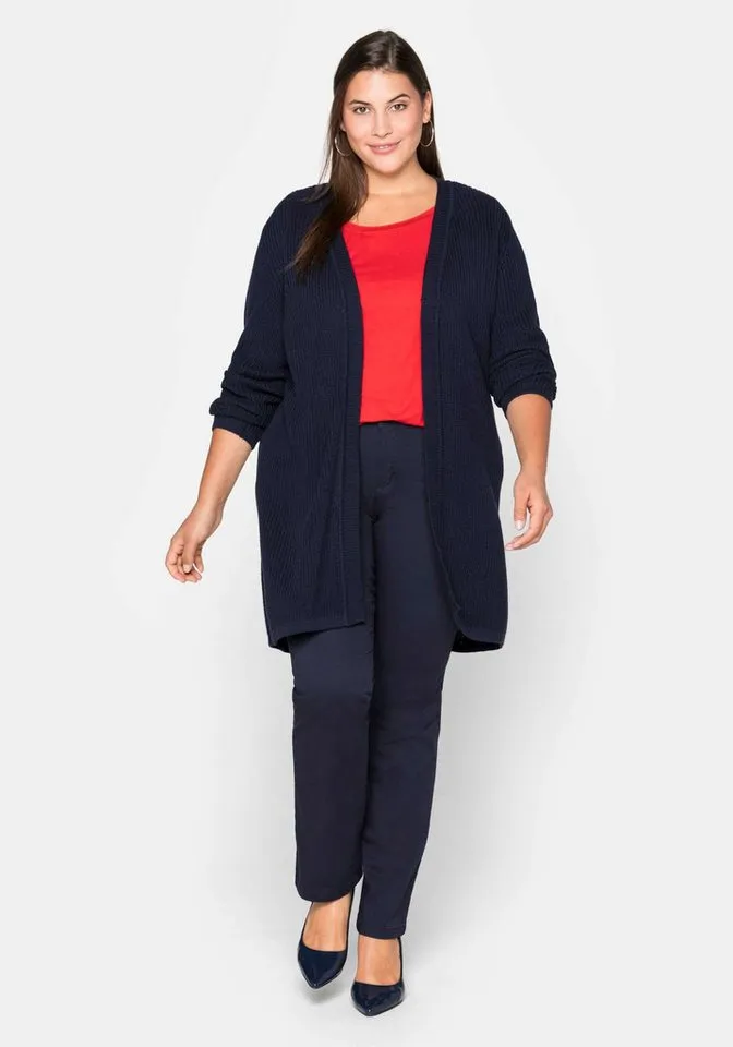sheego sheego Strickjacke Longstrickjacke Langarm aus Grobstrick, in offener Form, Blau, – Produktbild 3 von 3