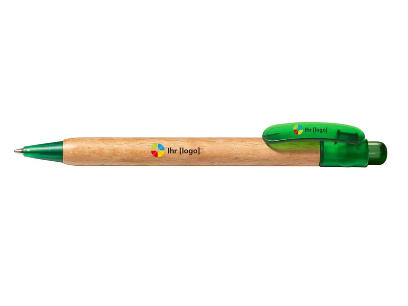 Memo PEFC-zertifizierter Holz-Druckkugelschreiber 'Prisma' mit grün transparenten Funktionsteil – Produktbild 1 von 1