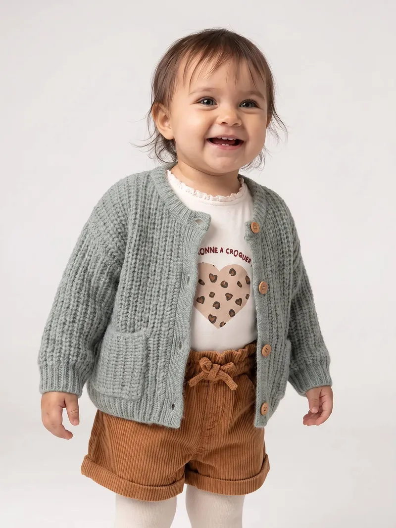 Vertbaudet Baby Strickjacke mit aufgesetzten Taschen, Salbeigrün, – Produktbild 2 von 4