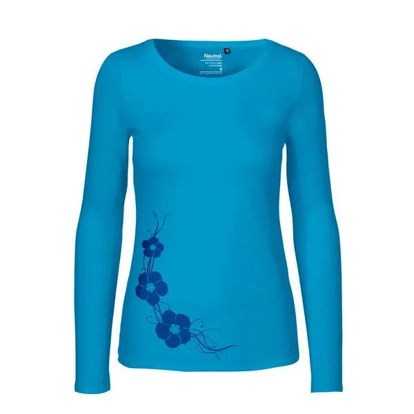 HANDGEDRUCKT HANDGEDRUCKT "Hibisken" Frauen Longsleeve aus reiner Biobaumwolle (kbA), Saphire, – Produktbild 1 von 3