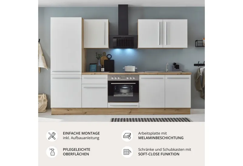KOCHSTATION Küchenzeile KS-Florida mit 38mm starker Arbeitsplatte, Breite 270 cm, wahlweise mit E-Geräten, Soft-Close-Funktion, Weiß, – Produktbild 3 von 5