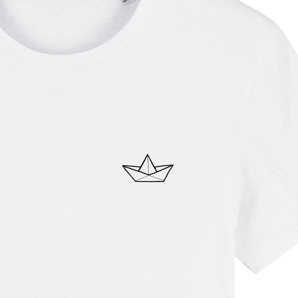 Spangeltangel Spangeltangel T-Shirt "Papierboot", Männershirt, Herrenshirt, bedruckt, Biobaumwolle, Unisex, Weiß, – Produktbild 2 von 4