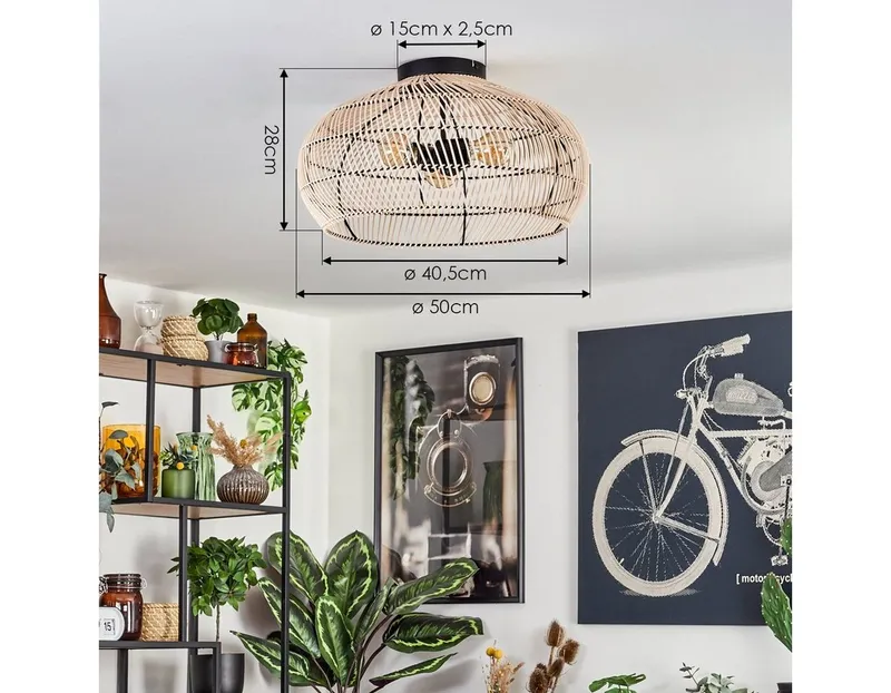 hofstein Deckenleuchte moderne Deckenlampe aus Metall/Bambus in Schwarz/Natur, ohne Leuchtmittel, Deckenleuchte, Lichteffekt, Ø 50cm, 3xE27, ohne Leuchtmittel, Beige|schwarz, – Produktbild 5 von 5