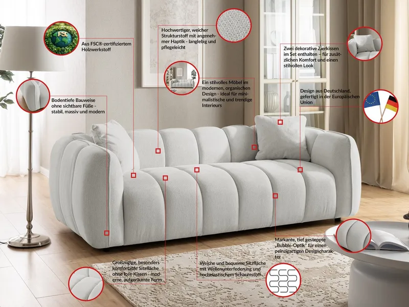 S-Style Möbel Polstergarnitur 3+2+1 Nubira in tief gesteppter Bubble-Optik aus Strukturstoff, mit modernem Design und Wellenfederung, Grau, – Produktbild 5 von 5