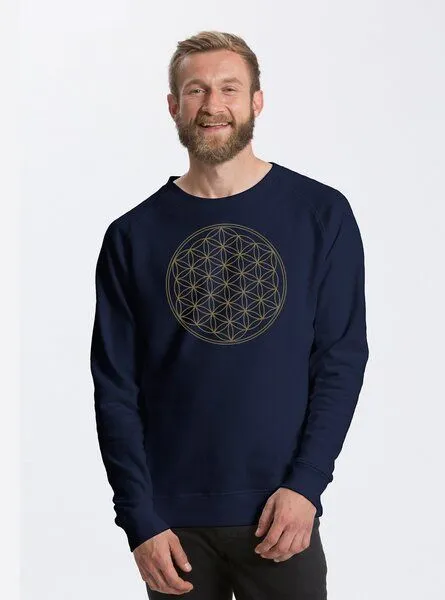 Peaces.bio - handbedruckte Biomode Peaces.bio - handbedruckte Biomode Bio Herren Sweatshirt Die Blume des Lebens, Blau, – Produktbild 1 von 2
