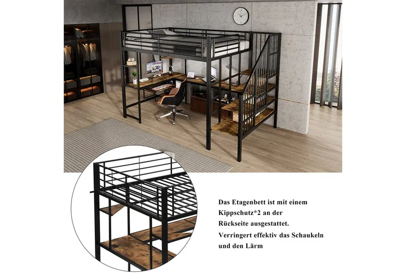 Merax Hochbett 120x200cm mit Ladeanschluss (Kinderbett aus Eisen & MDF, 1-St., Eisen-Etagenbett Einzelbett Jugendbett) Metallbett mit Schreibtisch, Tastaturablage, Ecktreppe & Ablageflächen, Schwarz, – Produktbild 4 von 5