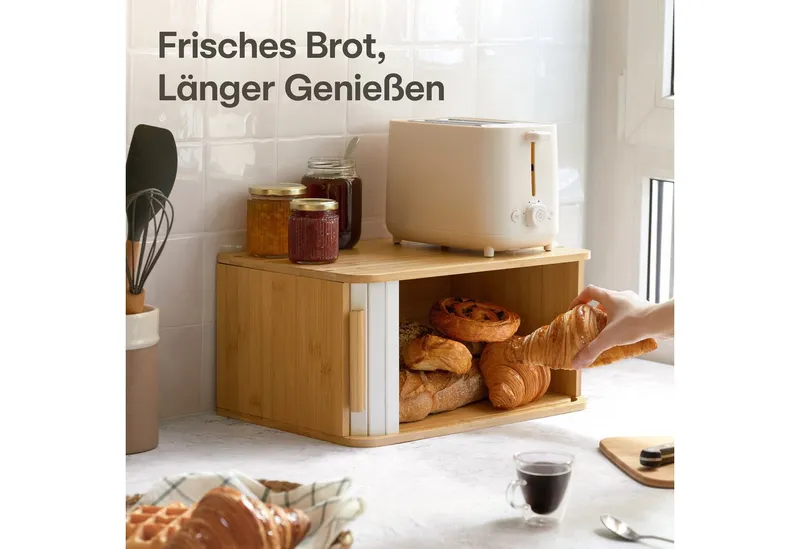 Praknu Brotkasten Brotkasten Groß aus FSC® Bambusholz mit Schiebetür - Brotaufbewahrung, Bambus, (Brotkasten Bambus, Brotkasten aus Bambus mit Schiebetür), FSC® Holz - Platzsparend und stilvolle Brotbox für längere Frische, Beige|braun, – Produktbild 3 von 5