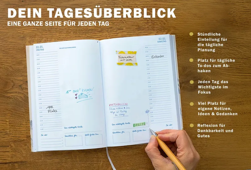 Eine der Guten Verlag Terminkalender Terminkalender Terminplaner 2027 - 365 gute Tage A5, Creme Blau, 1 Seite/ Tag, 408 S. FSC-Papier, Softcover, klimaneutral, Beige|blau|gelb|rot, – Produktbild 4 von 5